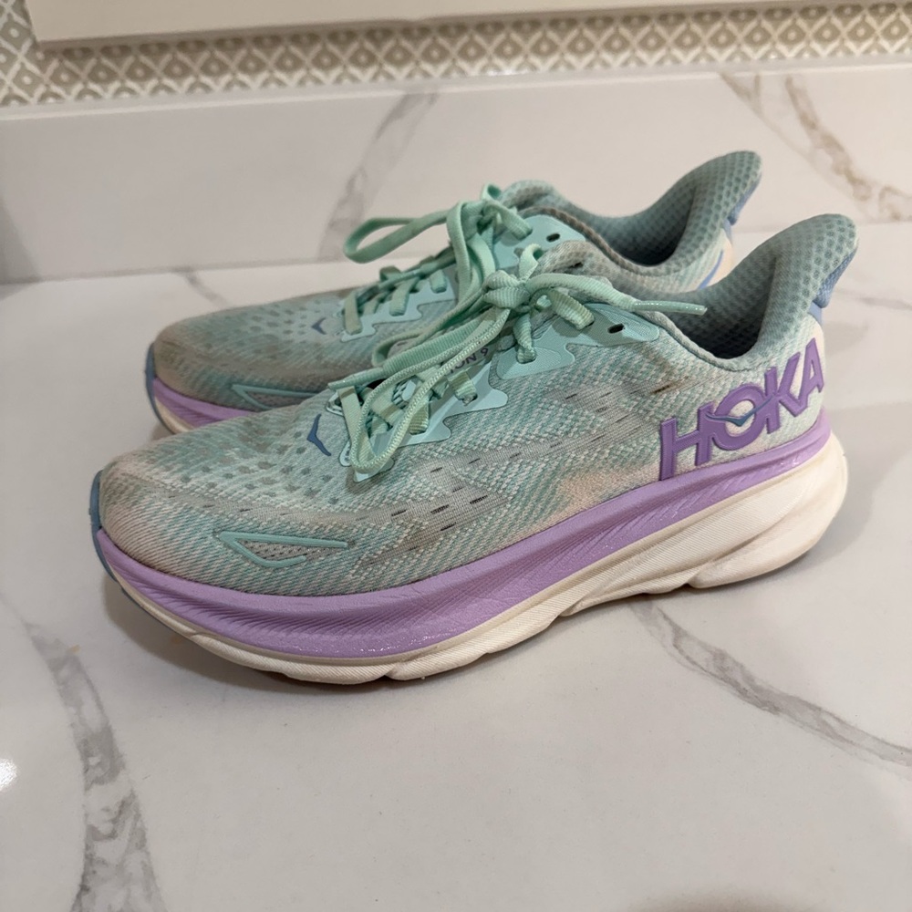 Hoka Clifton Women's Mint and Lavender Athletic Shoes
